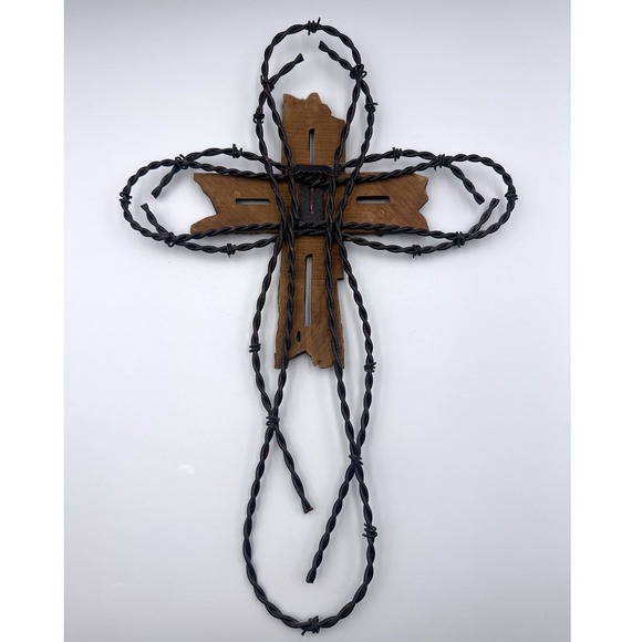 Rustic Wooden Wall Cross Twisted Barbed Wire Primitive Christian Decor 17" - Picture 3 of 5